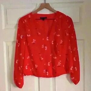 Banana Republic Top Womens Size XS Sheer Red Floral Wrap Front Puff Sleeve